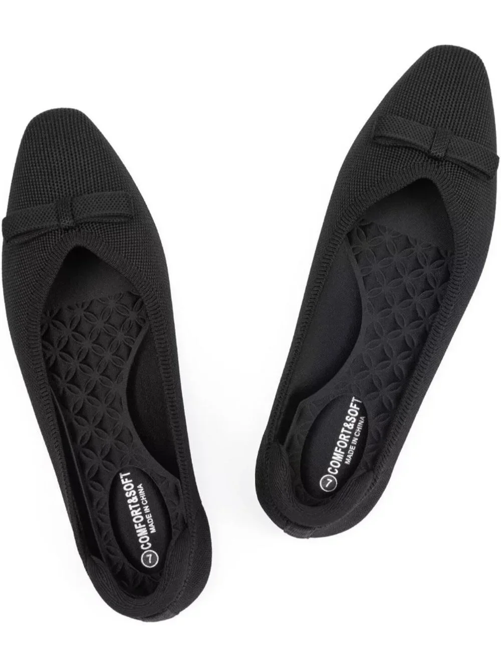 Frank Mully Women's All Black Rubber Knit Squared Toe Bow Slip On Ballet Flats
